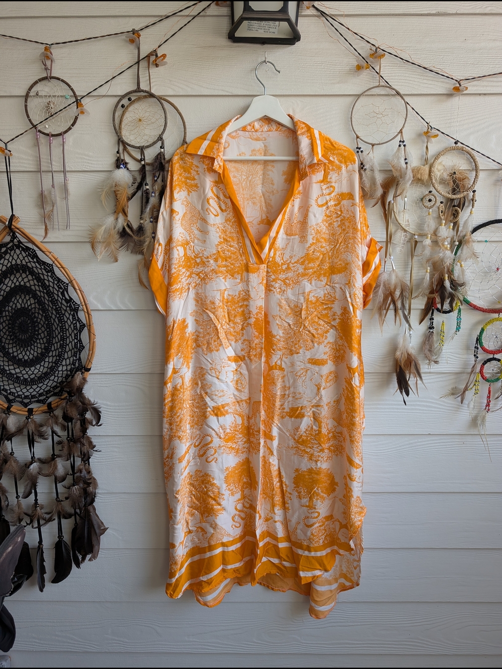 Orange and White V-Neck Silk Blend Safari Print Kaftan Dress